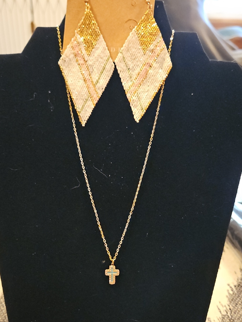 Plunder Gold-Tone Cross Necklace and Beaded Diamond Earrings Set - Gold and Pink